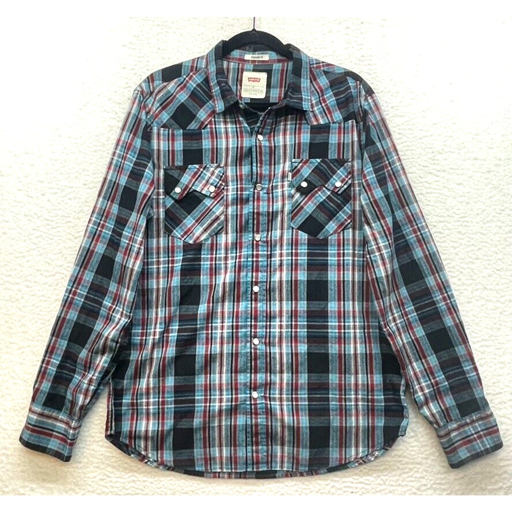 Levis Shirt Mens Large Blue Red Plaid Pearl Snap Western Cowboy Standard Fit